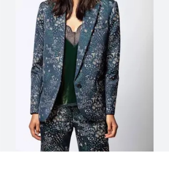 ZADIG and VOLTAIRE Viking Jacquard Glam Blazer Jacket Single Button Green Blue - Picture 2 of 16